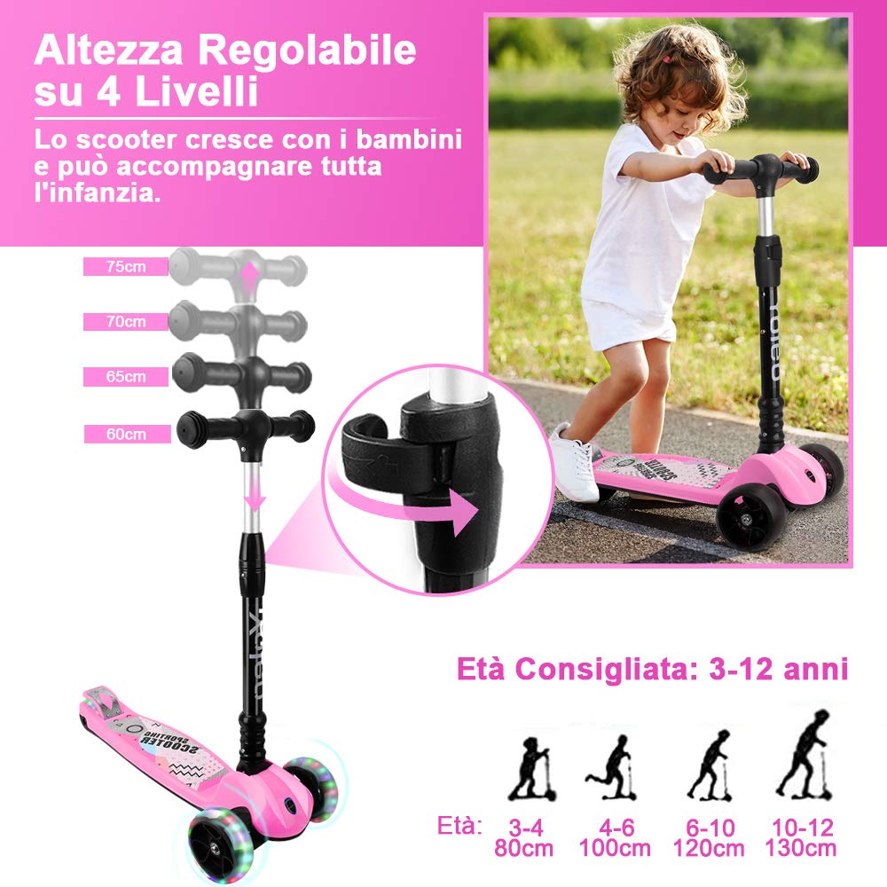 YOLEO Monopattino Bambini 3 a 10 Anni, Monopattino 3 Ruote con Ruote Lampeggianti in LED, Kids Scooter, Regolabile in Altezza, capacità Massima di 50 kg, Regalo per Bambini