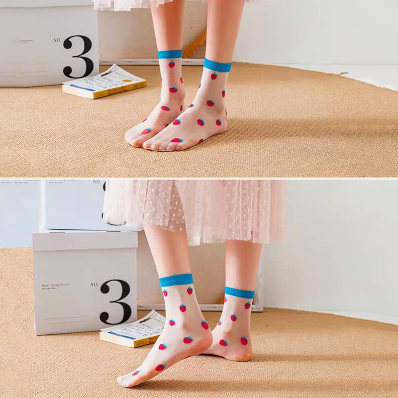Women Sheer Crew Socks, 5-7.5, Cute Fruits 5 Pairs4