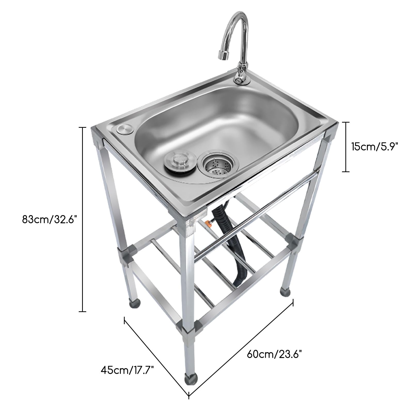 Lavello da Cucina Indipendente Con Gambe Lavello in Acciaio Inox Professionale Con Rubinetto Dell'acqua Calda E Fredda Facili Da Montare Per Ristorante Bar Lavanderia Garage Esterni ( Size : 45x60x83c