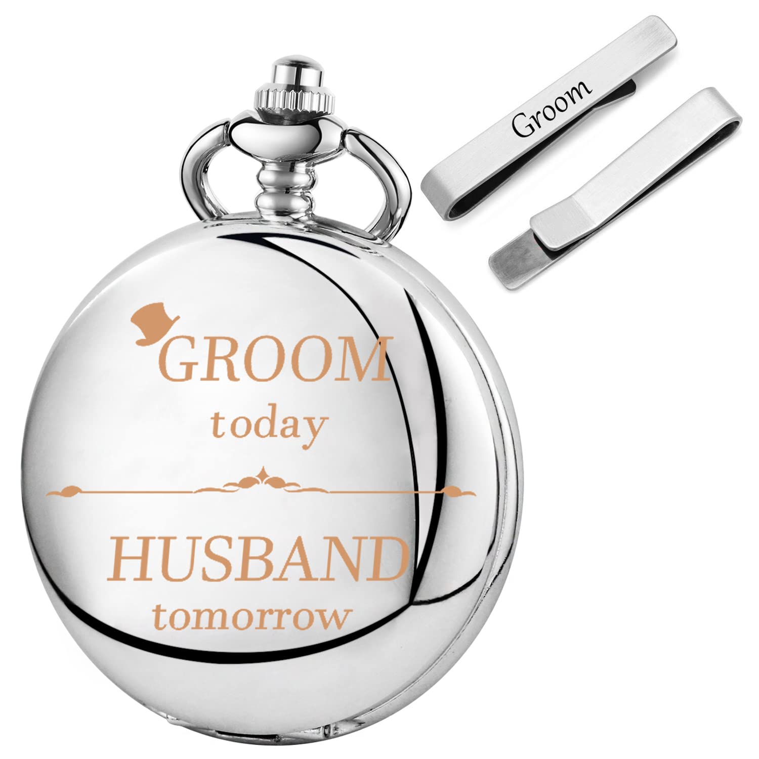 realpoo Engraved Wedding Quartz Pocket Watch Set Silver Tie Clips Wedding Keepsake Presents for Man Groom-picture-35