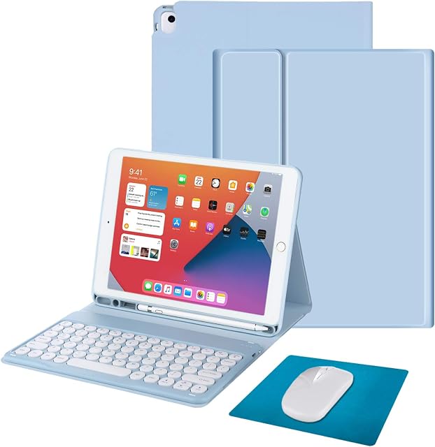 Tasnme Keyboard Case for iPad (10.2-inch iPad 9th Generation 2021) iPad 10.2 8th/7th Gen 2020/2019 iPad Pro 10.5(Skin-Feel Protector Case)iPad Air 3 Magnetic Detachable Keyboard Case & Mouse SET Blue