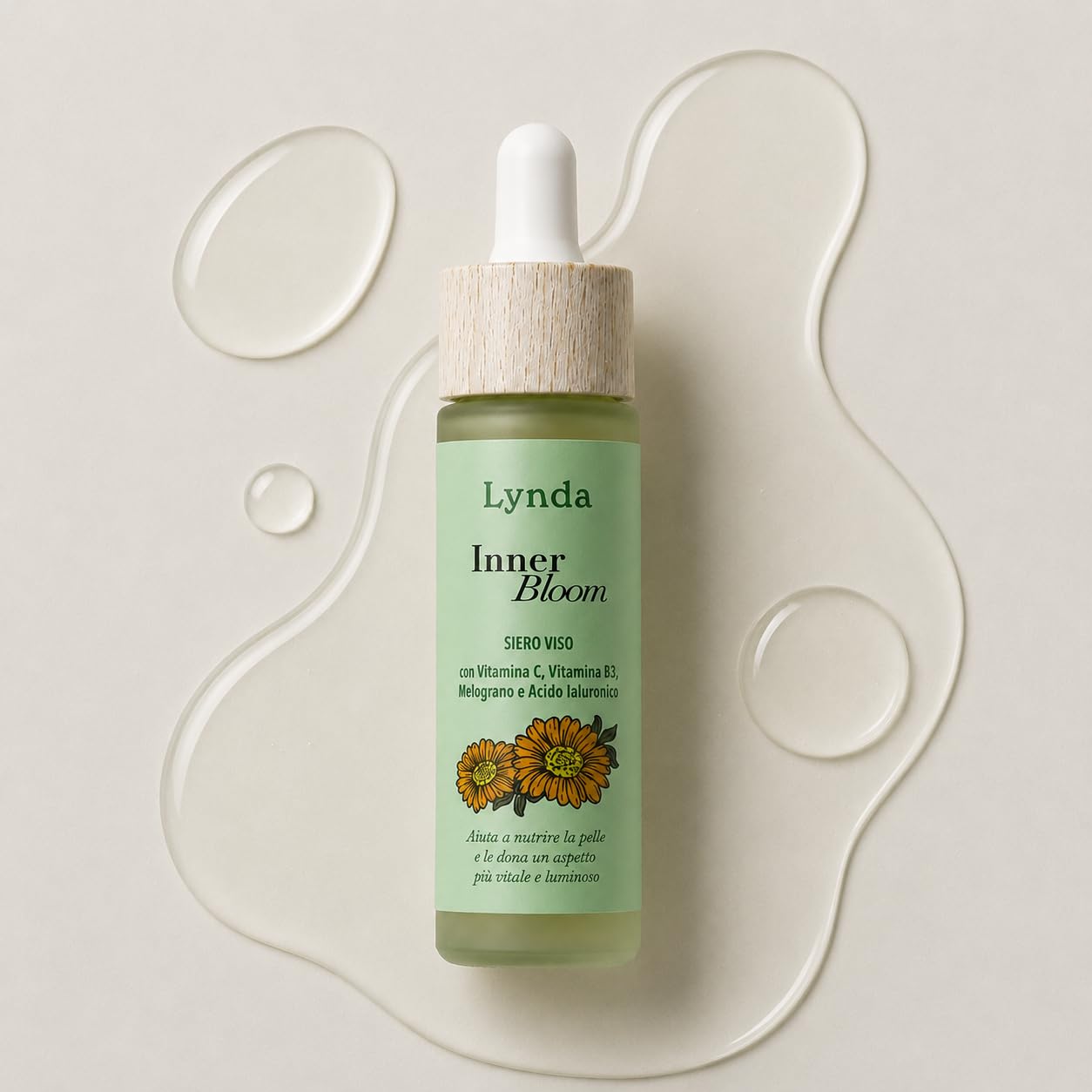 Lynda Inner Bloom, Siero Viso con Vitamina C, Vitamina B3, Melograno e Acido Ialuronico, Effetto Luminosità e Idratazione, 30 ml, Made in Italy