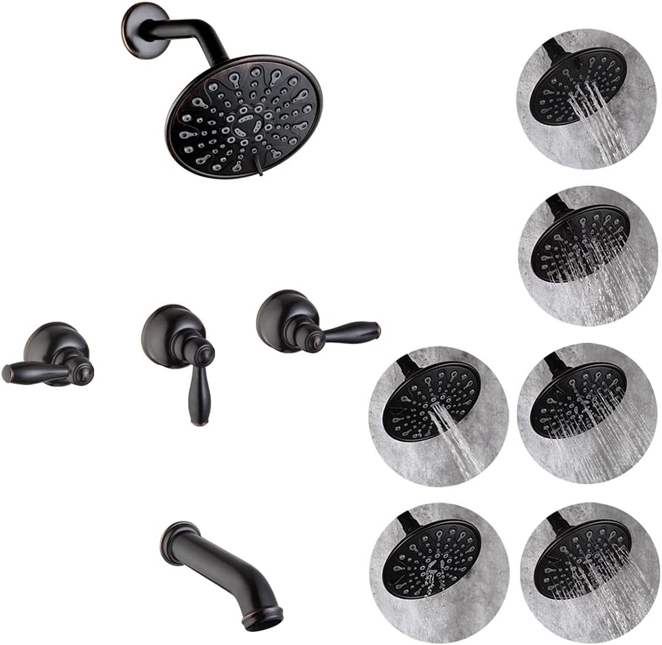POP SANITARYWARE 3 Handle Tub and Shower Faucet Set with 6 Spray Shower Head Oil Rubbed Bronze, Bathtub Faucet Set with Tub Spout Bathroom Mixer Tub and Shower Trim Kit with Valve