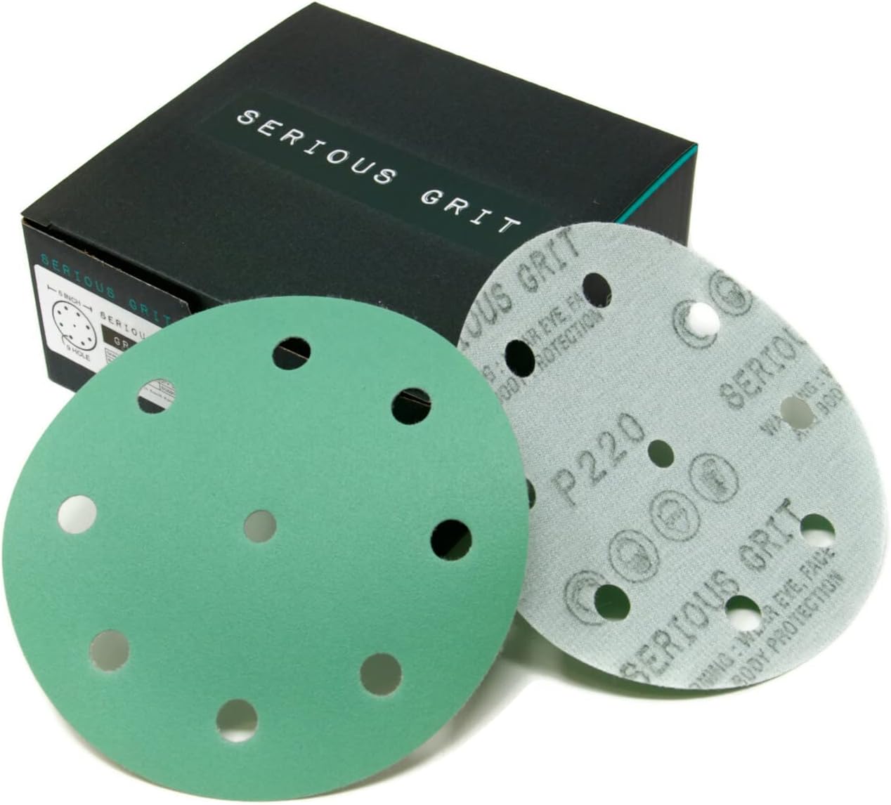 - Serious Grit - 5-Inch 9-Hole 220 Grit Sanding Discs - Heavy-Duty Hook & Loop Film Discs - Sandpaper for Random Orbital Sanders - 50 Pack Box