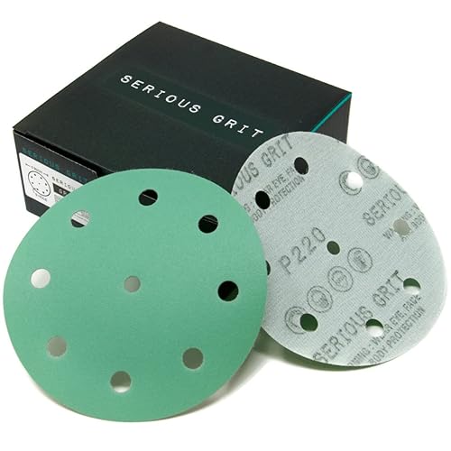 Serious Grit - Discos de lijado de grano 220 de 9 agujeros de 5 pulgadas - Discos de película con respaldo de velcro de alta resistencia - Papel de