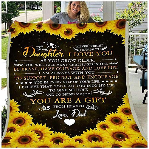 HNO Store to My Daughter You are A Gift from Heaven Dad Letter Heart Sunflower Style Fleece Blanket, Sofa Blanket, Bedding Blanket (60x80in)