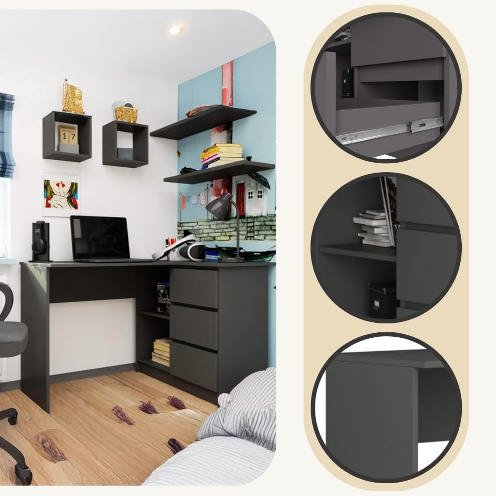 AKORD Bureau d'angle | Table avec Meuble de Rangement intégré et modulable avec 3 tiroirs et 2 étagères | L124 x H77 x P85 | Fourniture Bureau | Gris Graphite