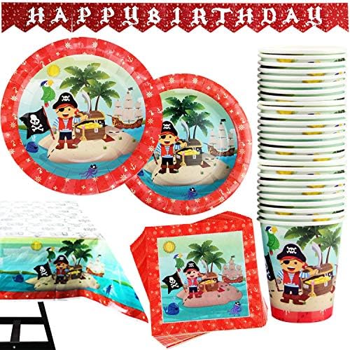 Kompanion 102 Piece Pirate Party Plate Set Including Banner, Plates, Cups, Napkins, Tablecloth, Serves 25