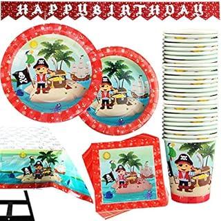Kompanion 102 Piece Pirate Party Plate Set Including Banner, Plates, Cups, Napkins, Tablecloth, Serves 25
