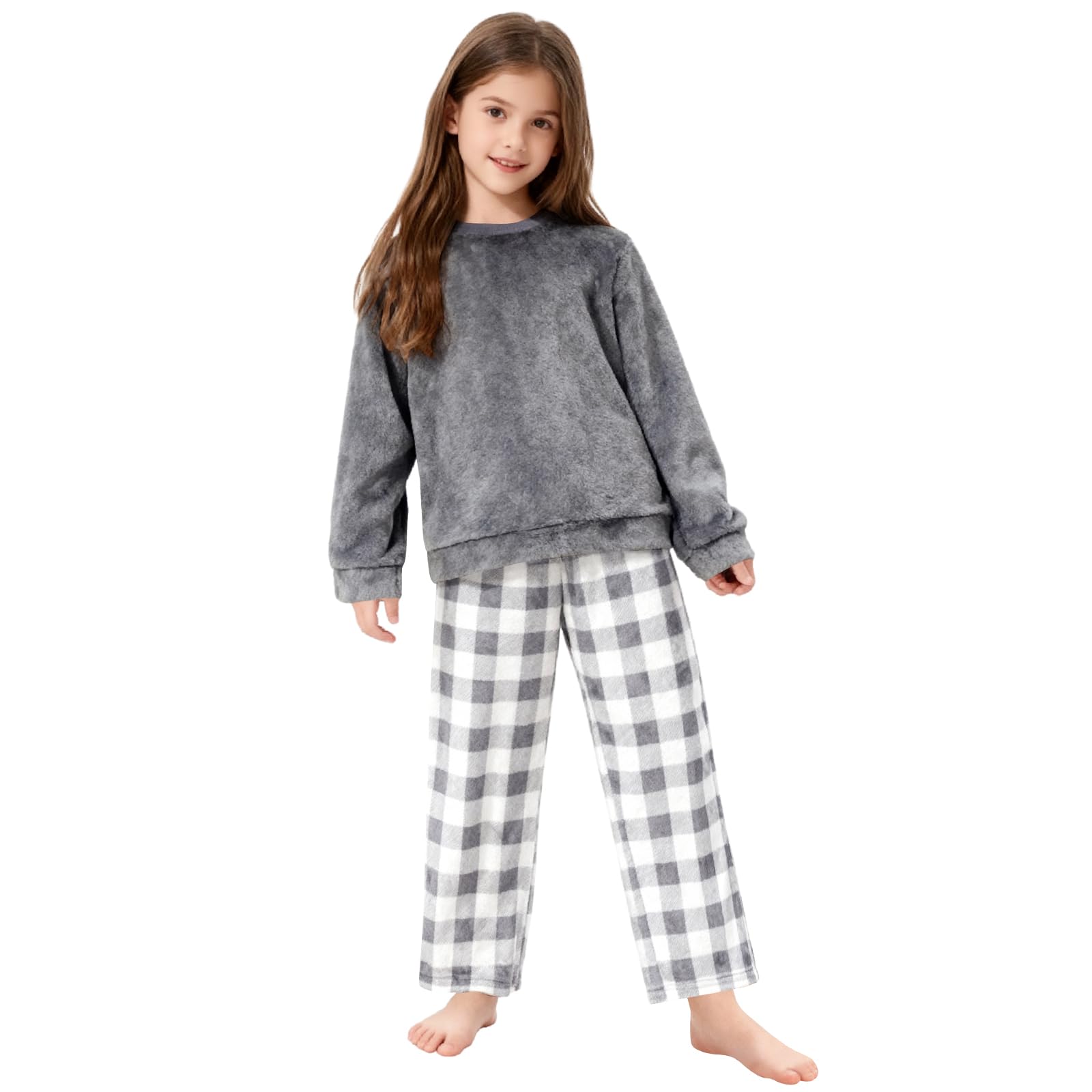 Conjunto de pijama mullido de franela de forro polar para niñas, conjunto de ropa para niñas y niños, camiseta de cuello redondo y pantalones a cuadros, 2 piezas