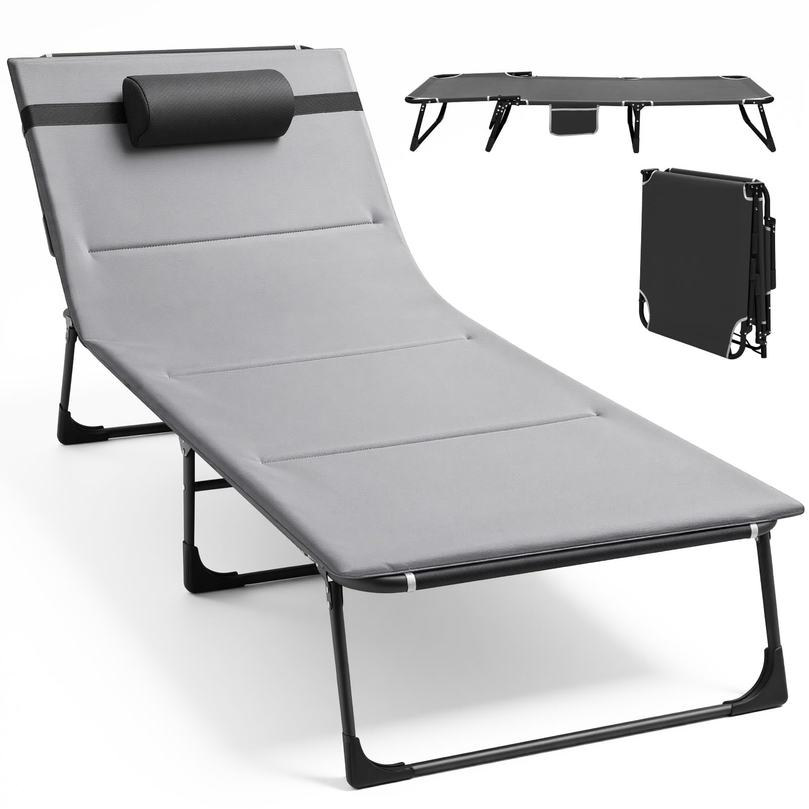 The Fellie Camping Cot for Adults, Padded Sun Lounger with Mattress&Pillows, 4-Position Adjustable Backrest Folding Lounger, Fishing Bedchair, Portable Camp Bed for Home Office Nap Beach Travel, Grey