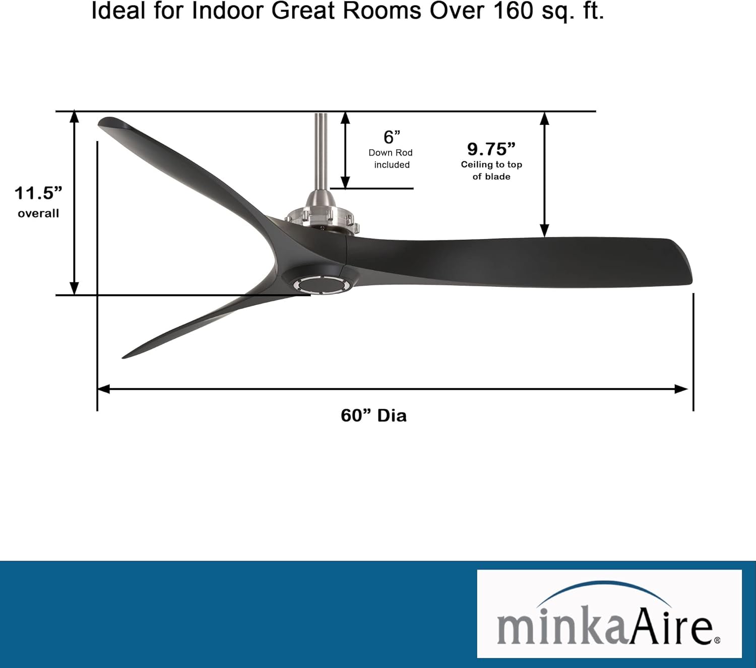 Minka-Aire F853-BN/CL Aviation 60 Inch Ceiling Fan with DC Motor in Brushed Nickel Finish and Coal Blades