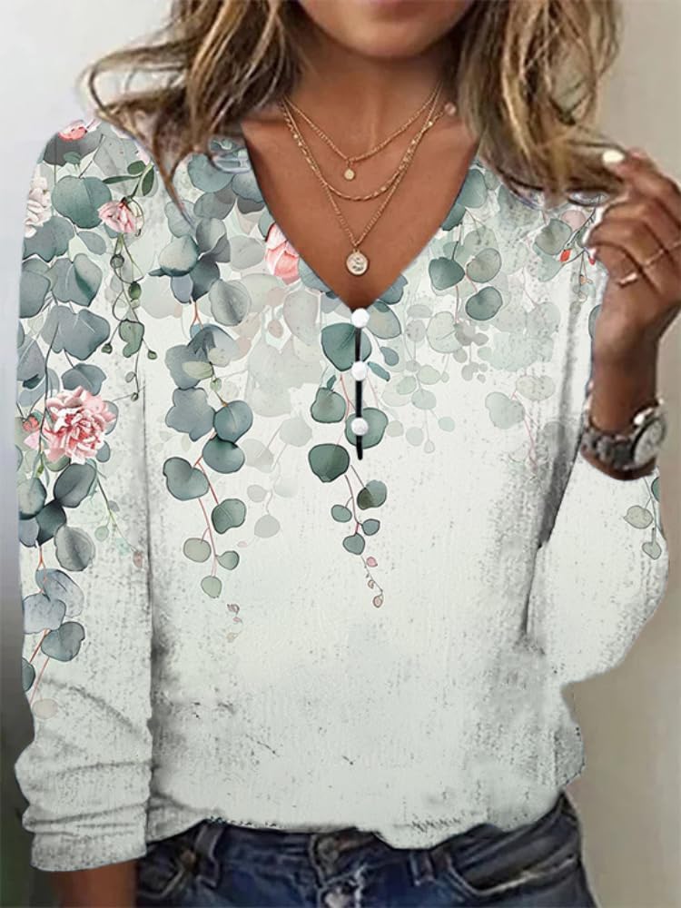 LOAIHA Boho Tops for Women Fall Long Sleeve Shirts Floral Print Button Up Plus Size Blouses Bohemian V Neck Tunic Clothes - Image 2