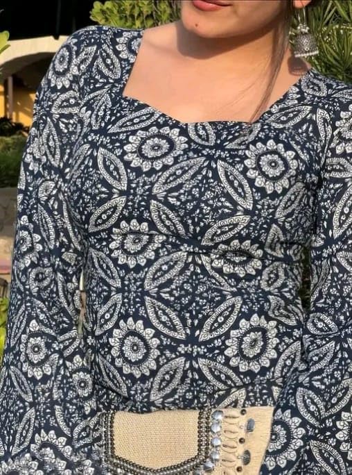 Image of Womens Rayon Full Sleeve Square Neck Printed Short Kurti Stylish Ethnic & Casual Wear Top for Office, College & Daily Use