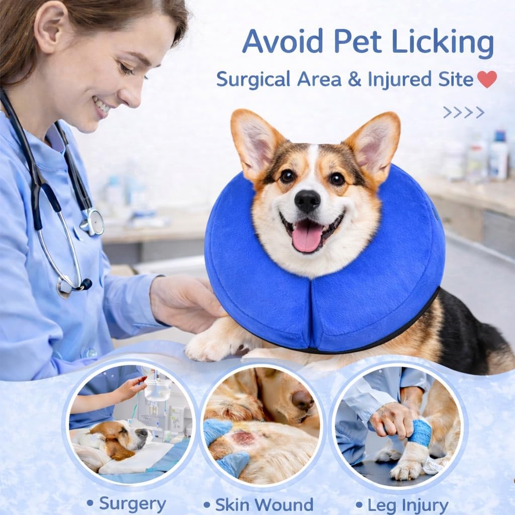 Inflatable Dog Cone Collar Alternative – Soft Recovery Donut E-Collar for Small, Medium, and Large Dogs & Cats After Surgery (Blue, S [8"-13"])