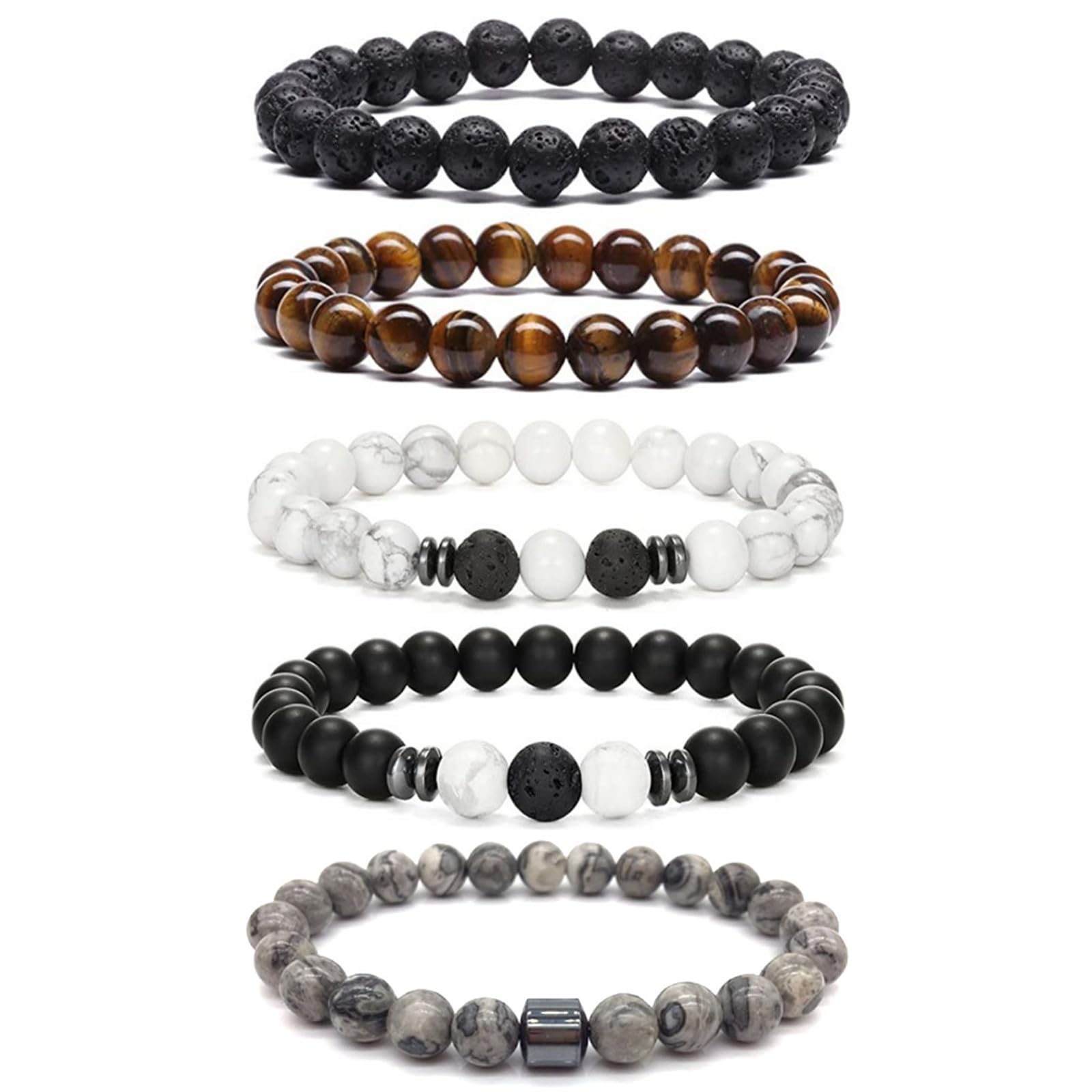 Bracciale 5 Pezzi in Pietre Naturali - Occhio di Tigre 8MM, Pietra Lavica, Ossidiana Nera - Braccialetto Gioielli per Uomo Donna Regalo Personalizzato