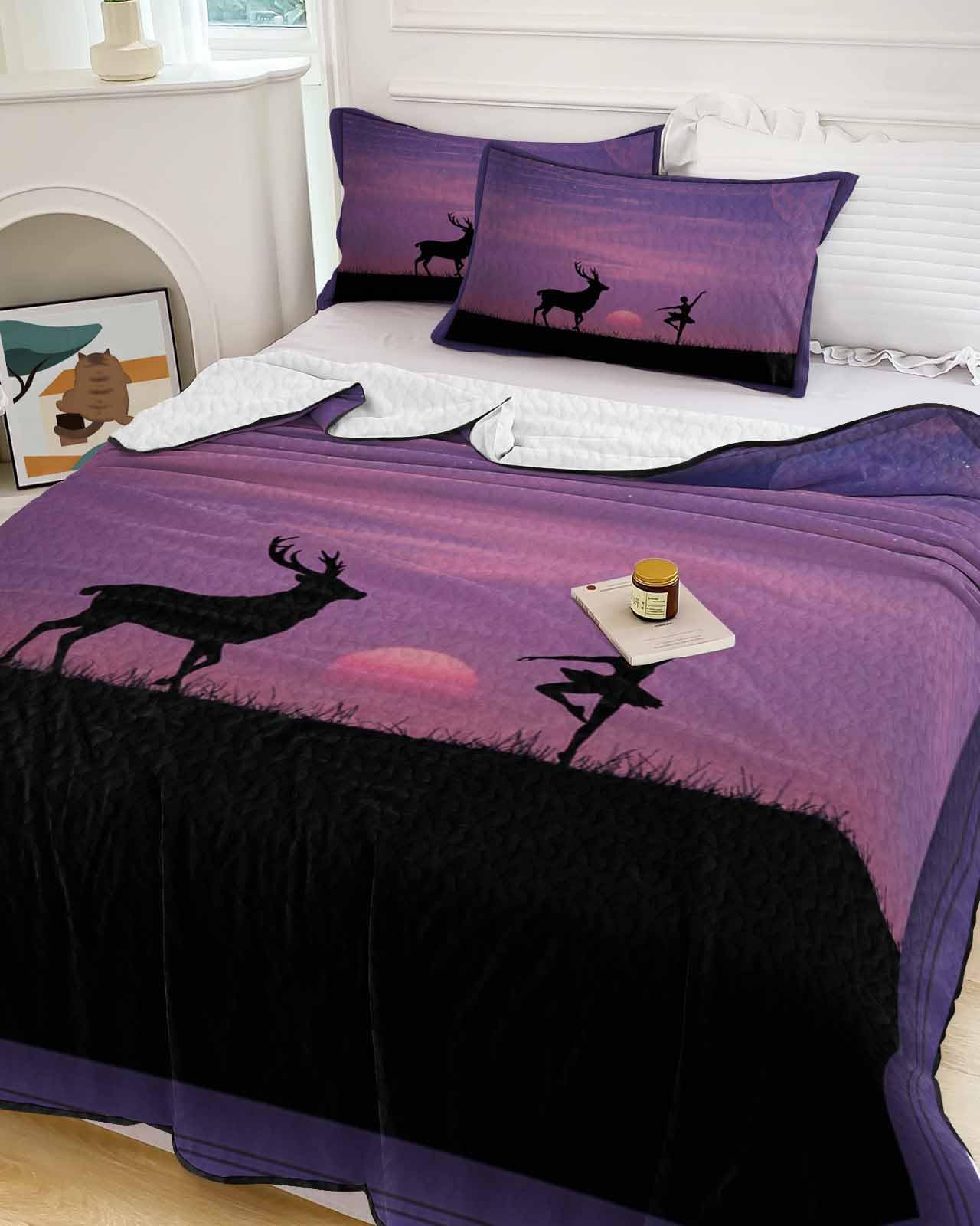 Wowouhiya Twin Quilt Sets, Purple Ombre Starry Sky Lightweight Bedspreads with 2 Pillow Shams, Deer Ballerina Girl Black Silhouette Soft Summer Bed Coverlets 3 Pieces Bedding Set for All Season