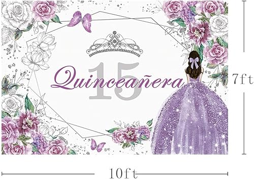 Miniatura 5 de SENDY Telón de fondo de quinceañera de 10 x 7 pies para decoración de fiesta de cumpleaños de 15 años para niña dulce Mis membrillo púrpura plata