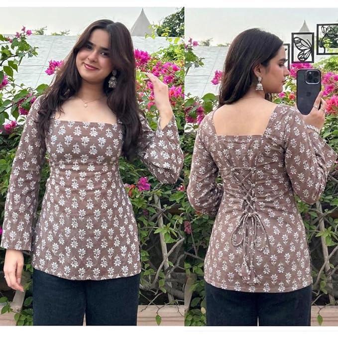 Image of Women Rayon Printed Top | Bell Sleeve Kurti for Women | Stylish Side Slit Square Neck Top | Casual & Ethnic Wear