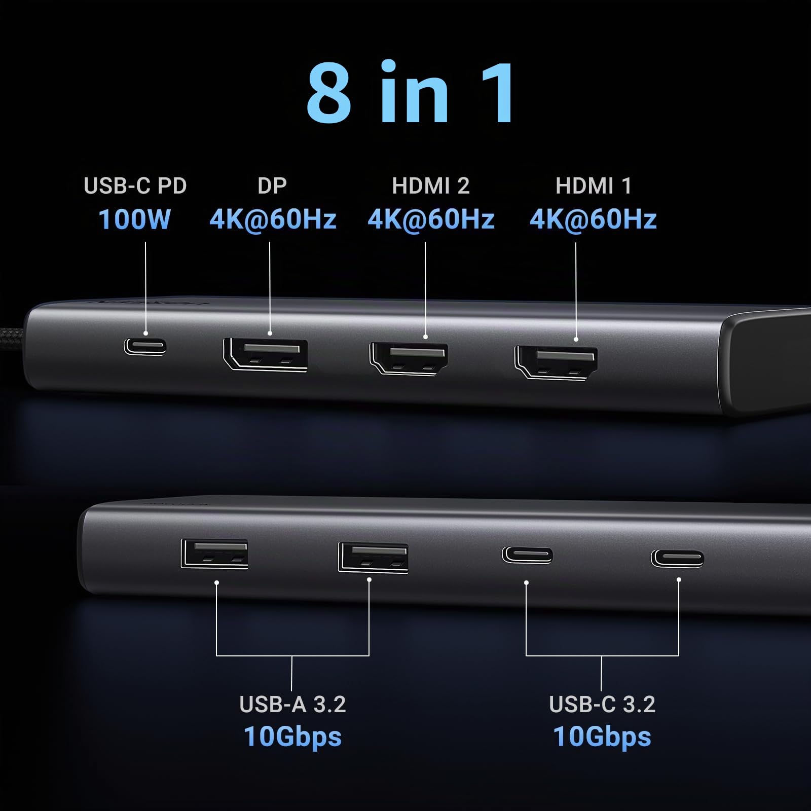 UGREEN Revodok Pro 308 Hub USB C 8 in 1 Docking Station Triplo Display | 2 HDMI, 1 DisplayPort, 4K60Hz, 10Gbps, Porte Dati Multiple 2A2C, PD 100W Ricarica, Compatibile con MacBook Pro Air Surface