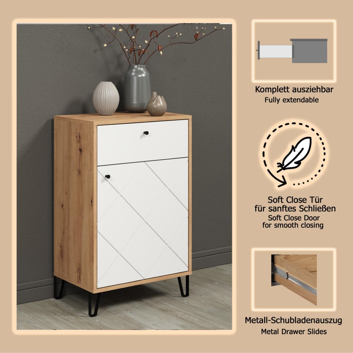 trendteam smart living - Touch - Kommode - Eiche/Weiß - Garderobenkommode mit moderner Rautenfräsung - Soft-Close - (BxHxT) 63 x 96 x 40 cm - Flurschrank mit Vollauszug-Schubladen