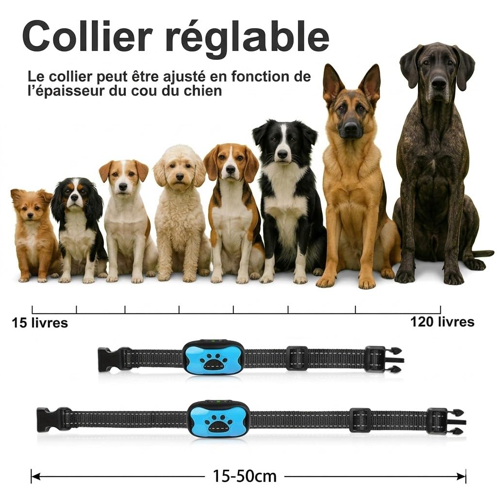 Pack de 2 Colliers Anti-Aboiement Chien Automatiques Bleu – Éducation Positive sans Choc Électrique, Vibration & Son, Rechargeable et Étanche IP67
