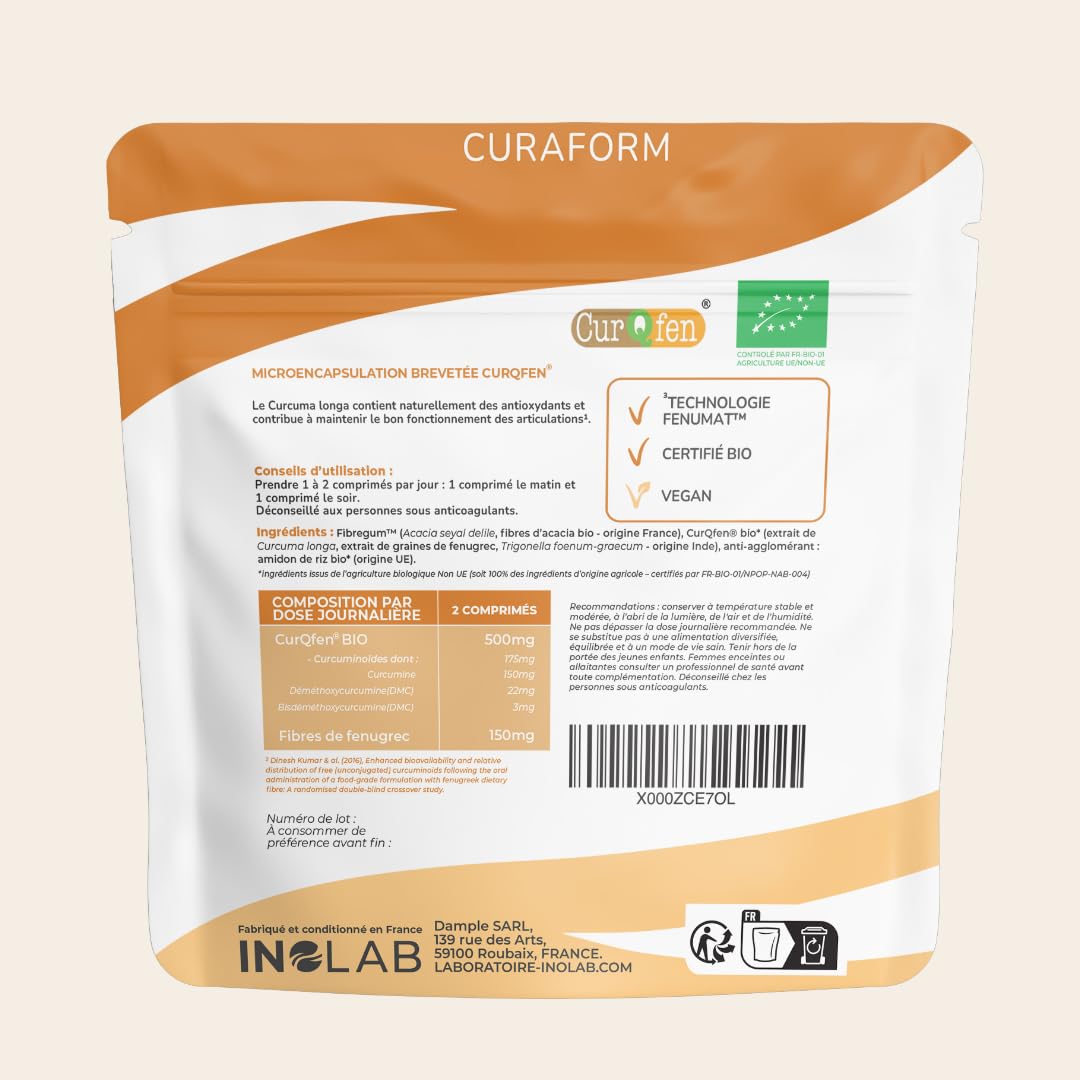 Curcuma BIO breveté CurQfen® | Curcumine microencapsulée biologique = assimilation supérieure à la pipérine poivre noir | Résultats prouvés par études cliniques| Curaform
