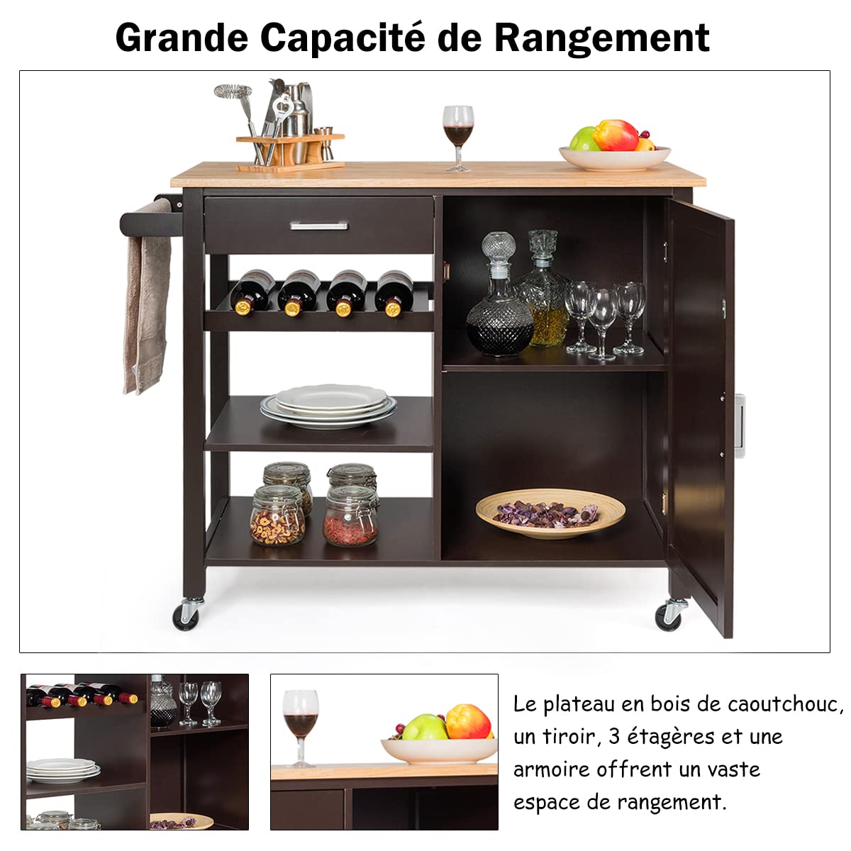 GOPLUS Desserte De Cuisine à Roulettes - Îlot En Bois Blanc Avec Casier à Vin, Tiroir, Placard Et Porte-Serviettes - 100x48x90 Cm