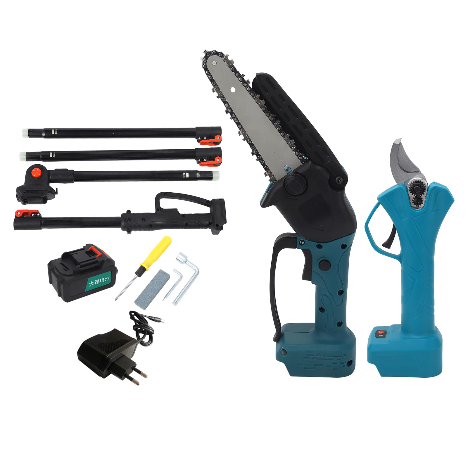 Kit de tijeras de podar eléctricas inalámbricas y mini motosierra con poste de extensión telescópico de 6,56 pies, batería de litio de 21 V, 4000 mAh, motor sin escobillas de 600