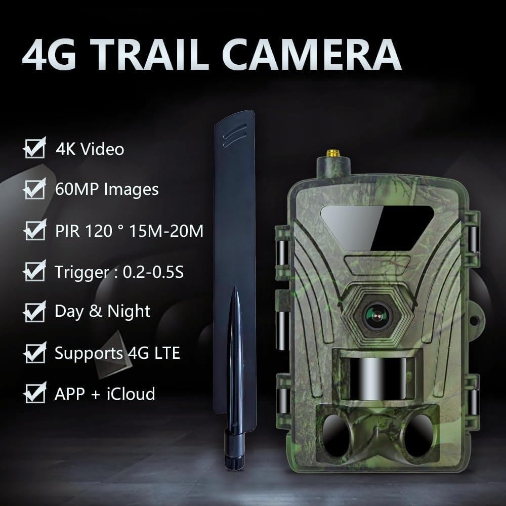 4G Wildkamera mit 60MP & 4K UHD Nachtsicht - Bewegungsmelder 60° Sichtwinkel, SIM-Kartensteckplatz, 32GB Speicherkarte inklusive, Batteriebetrieb für Jagen/Waldüberwachung