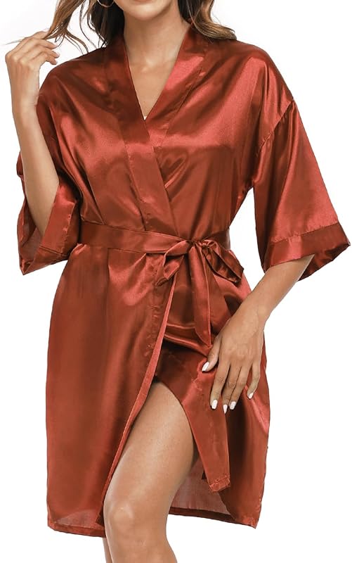 Women's Satin Robe Short Silky Bathrobes Bridesmaid Bride Wedding Party Robes Sexy Kimono Sleepwear with Pockets