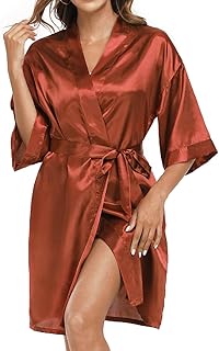 Women's Satin Robe Short Silky Bathrobes Bridesmaid Bride Wedding Party Robes Sexy Kimono Sleepwear with Pockets