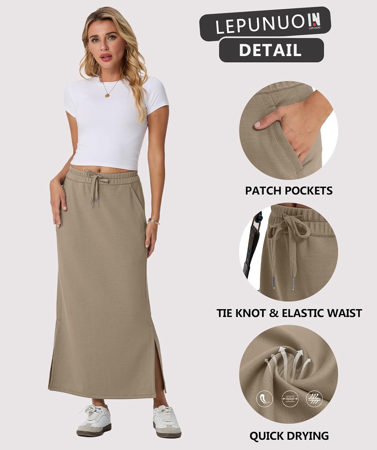 Lepunuo Casual Maxi Skirts for Womens High Waist Trendy Drawstring Side Slit Skirts with Pockets - Image 4