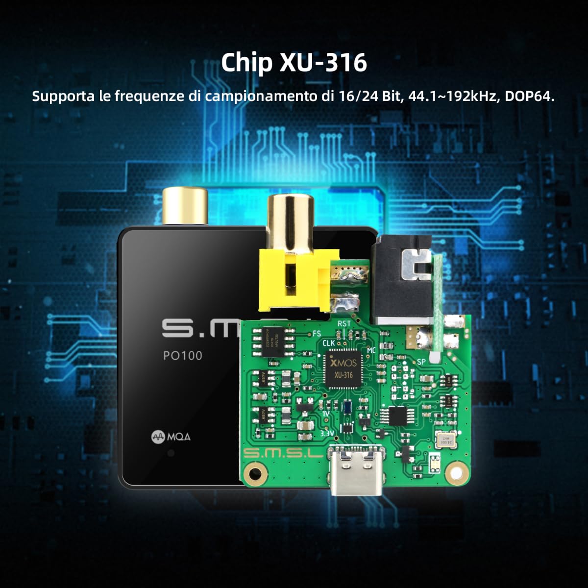 SMSL PO100 192kHz Adattatore Audio USB a Ottico XMOS XU316 Tipo-C SPDIF Coassiale Argentato