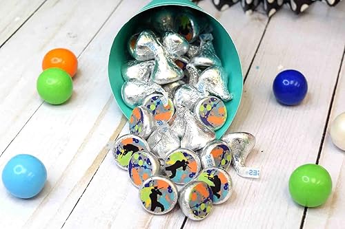Miniatura 3 de AmandaCreation - Etiquetas adhesivas para fiestas de cumpleaños con temática de paintball, 300 adhesivos circulares de fiesta de 0.75 pulgadas para