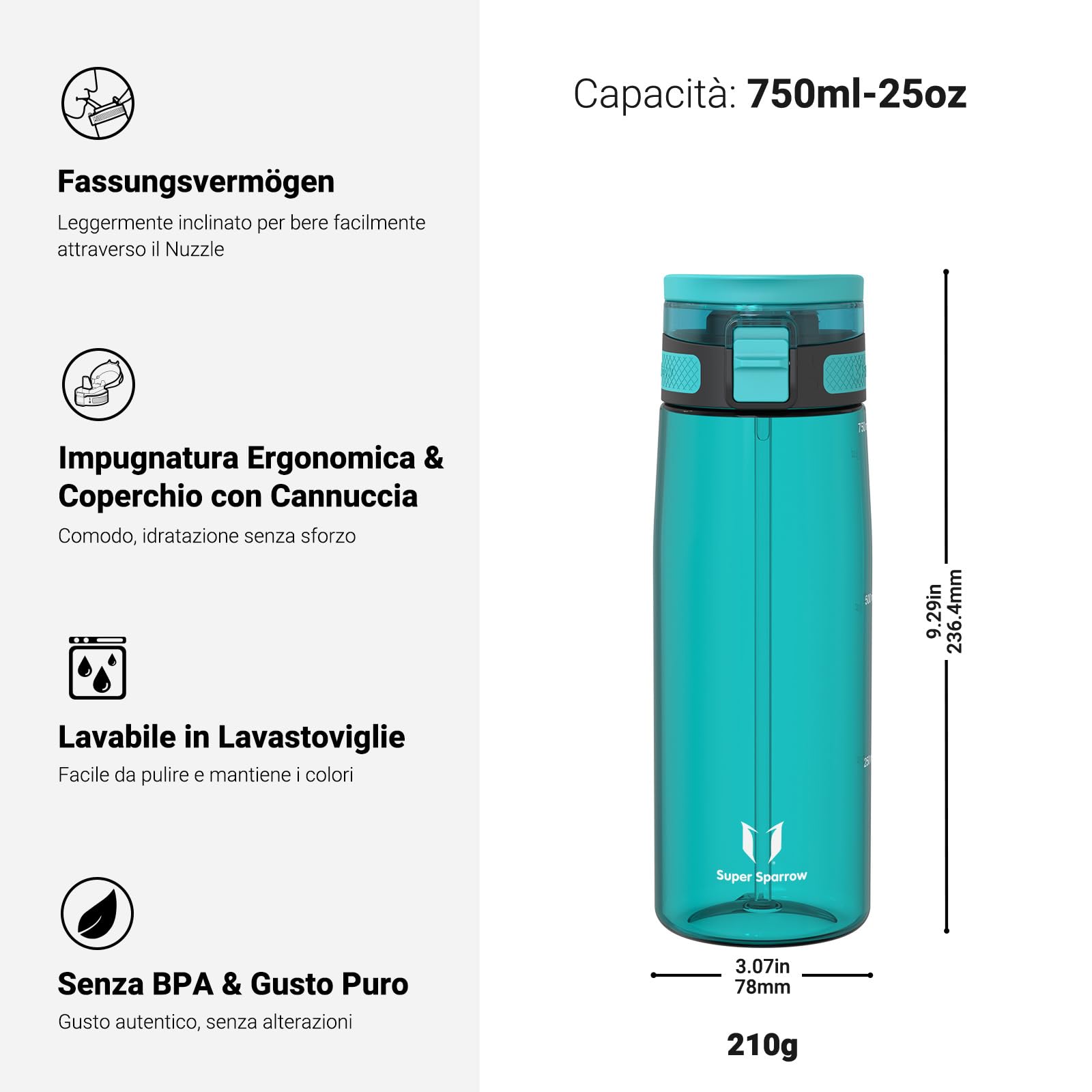 Super Sparrow Borraccia - TouchSip Sportiva Bottiglia - 500ml/750ml/1L - Tritan Senza BPA, a Prova di Perdite - Borracce con Cannuccia Ideale per Scuola e Sport