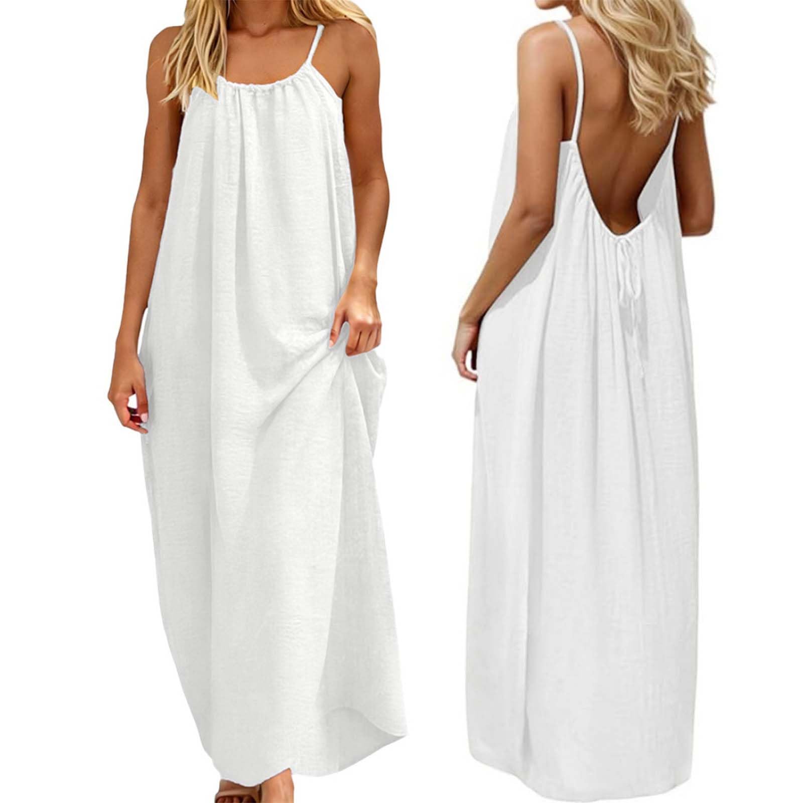 Eahusar Summer Dresses for Women Backless Spaghetti Strap Cami Solid Sundress Flowy Loose Long House Vacation Beach Dress with Back Tie（XXL,White