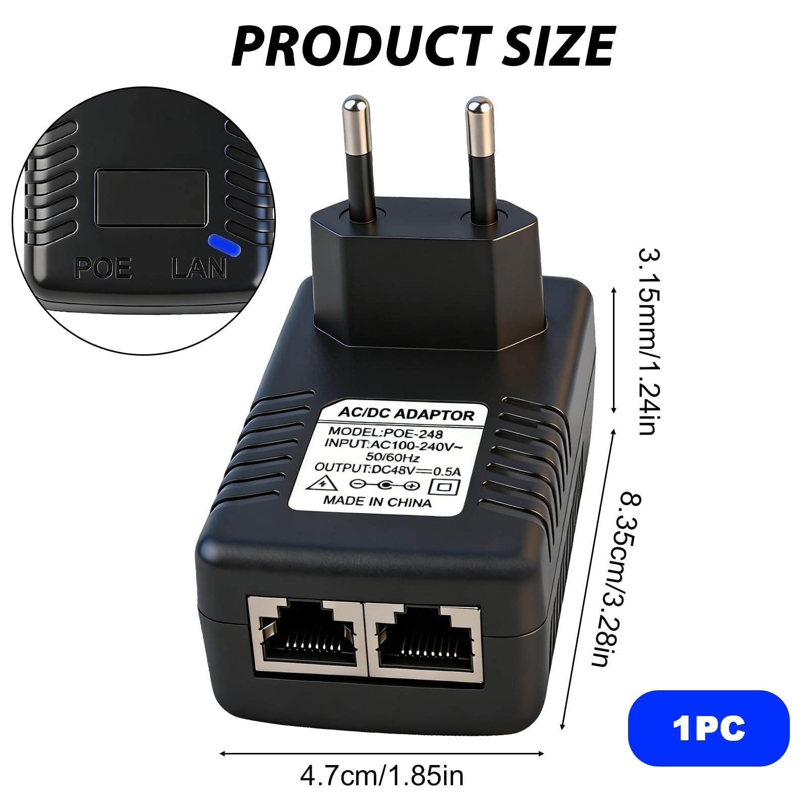 48V 0.5A PoE Adaptateur Injecteur Ethernet, 24W Adaptateur d’Alimentation Ethernet avec Débit 100Mbps et Voyant LED, 48V PoE Injecteur Mural avec Prise EU, pour Caméra IP AP WiFi Téléphone VoIP