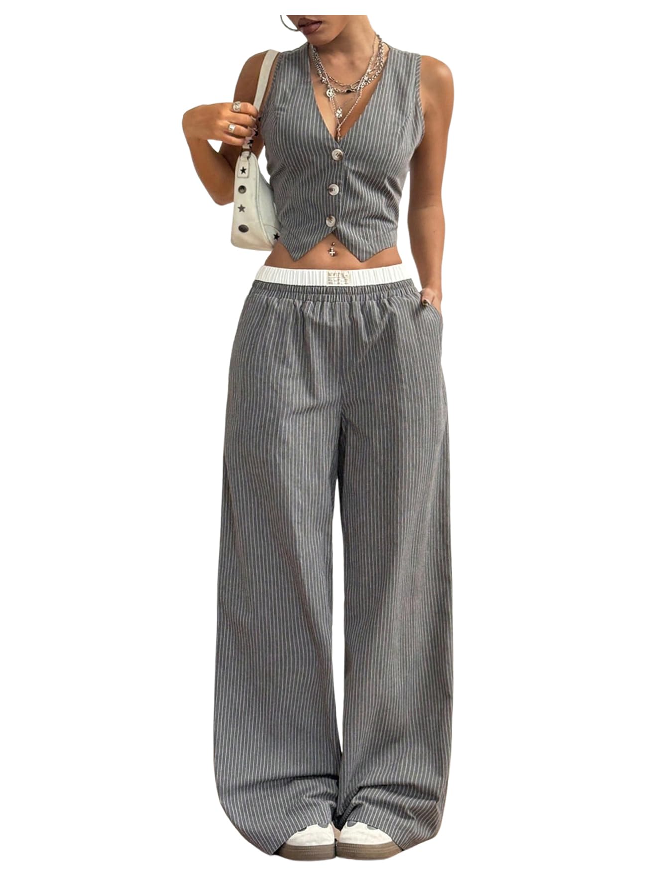 Floerns Womens 2 Piece Outfits Sleeveless Button Front Vest Blazer Jacket Pants Business Suit Sets