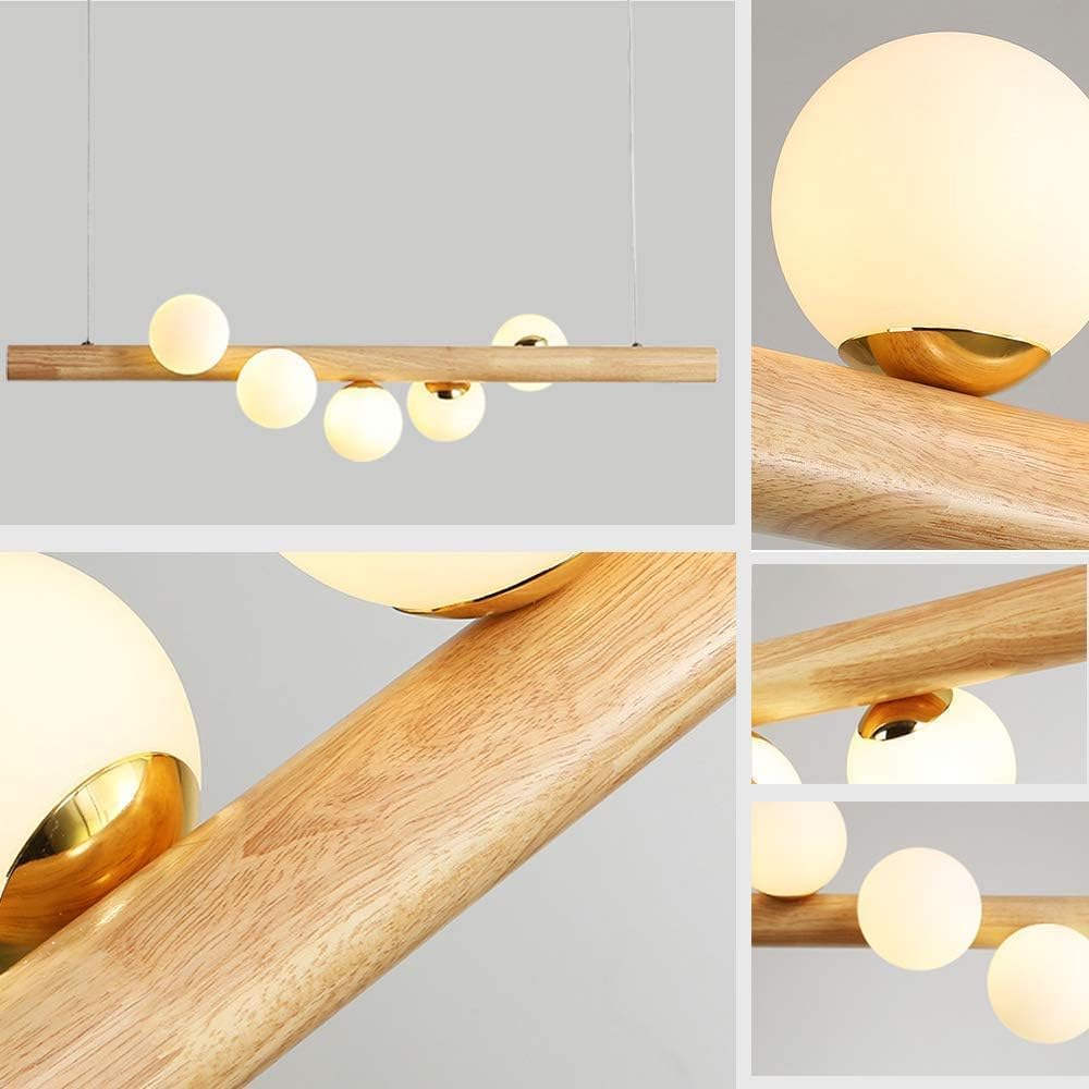 Azanaz Lampada a sospensione Legno Lampada da tavolo da pranzo Vintage,La trave di legno è lunga 80 cm, con 5 sfere di vetro - regolabile in altezza,Lampadario per Della Bar Sala da Pranzo