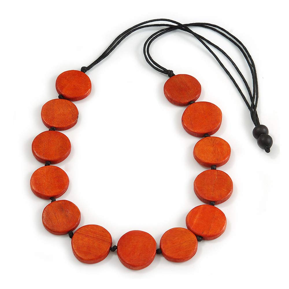 Avalaya Collana Lunga In Legno Arancione Con Cordoncino Nero - Regolabile 76 Cm, Stile Boho