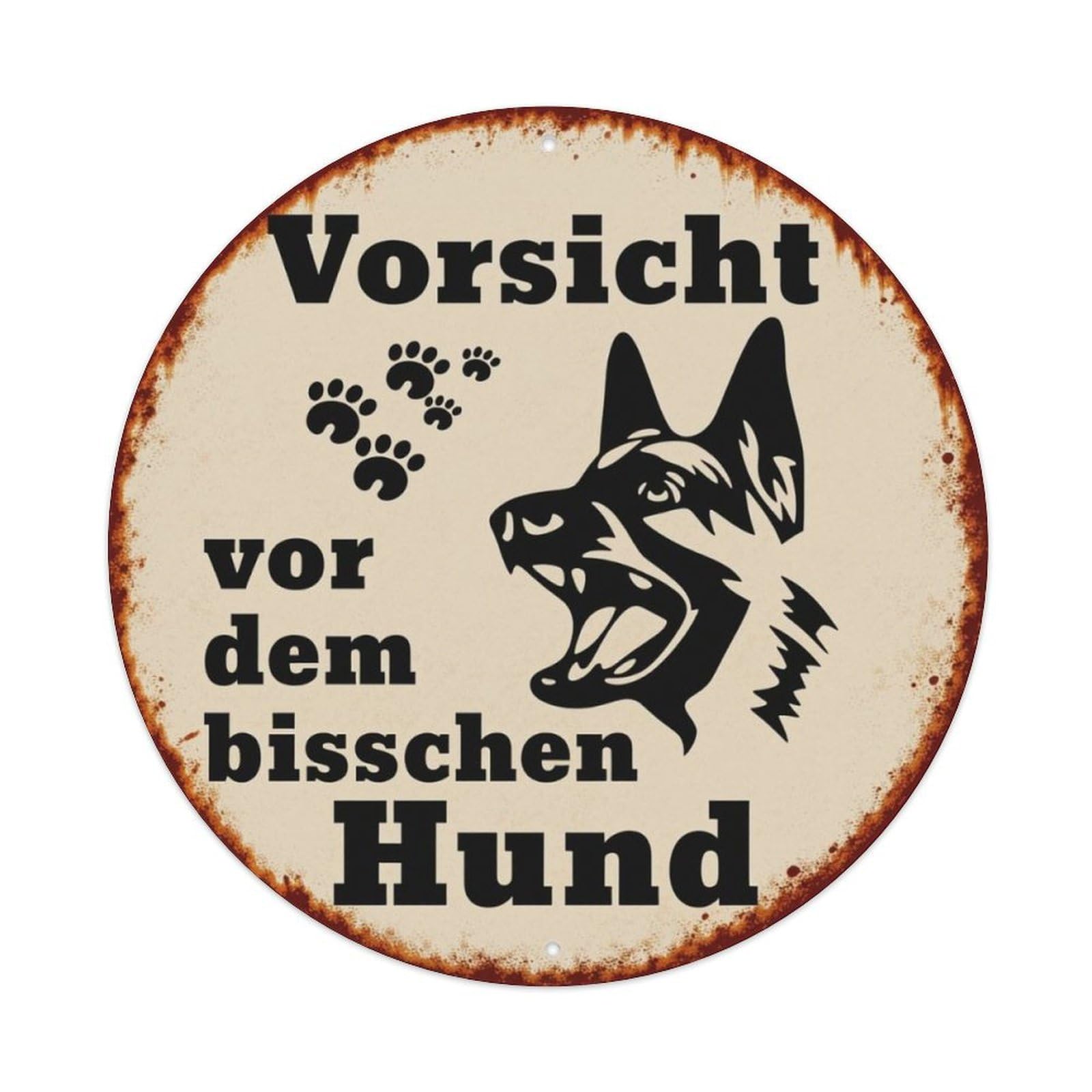 German Beware Of Biting Dog Round Decor Sign Vintage Aluminium Metal Sign, Retro Wall Decor for Home, Bar, Garage & Farmhouse 20x20cm
