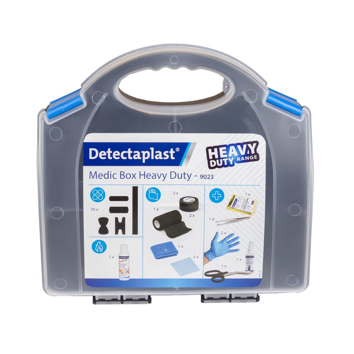 Detectaplast Kit pronto soccorso professionale con cerotti neri resistenti y cerotto spray, ideale per industria, artigiani, ristorazione, officine e uso quotidiano. Valigetta portatile. 86 pezzi