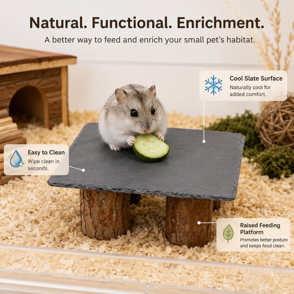 Hamster Slate Feeding Stand, 7.9 x 5.9 Inch Natural Slate Treat Tray with Willow Wood Stump Legs, Easy Clean Cooling Stone Platform, Natural Cage Decor for Dwarf Hamsters Gerbils Mice image 2