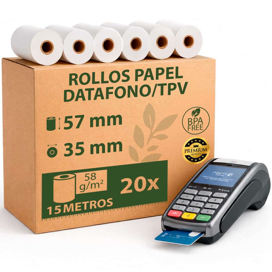 Papel Térmico TPV 57x35x12 mm - Para Impresora de Tickets, Papel Datáfonos TPV - Sin BPA, Blanco - Alta Resolución y Durabilidad (Pack 20 Rollos)