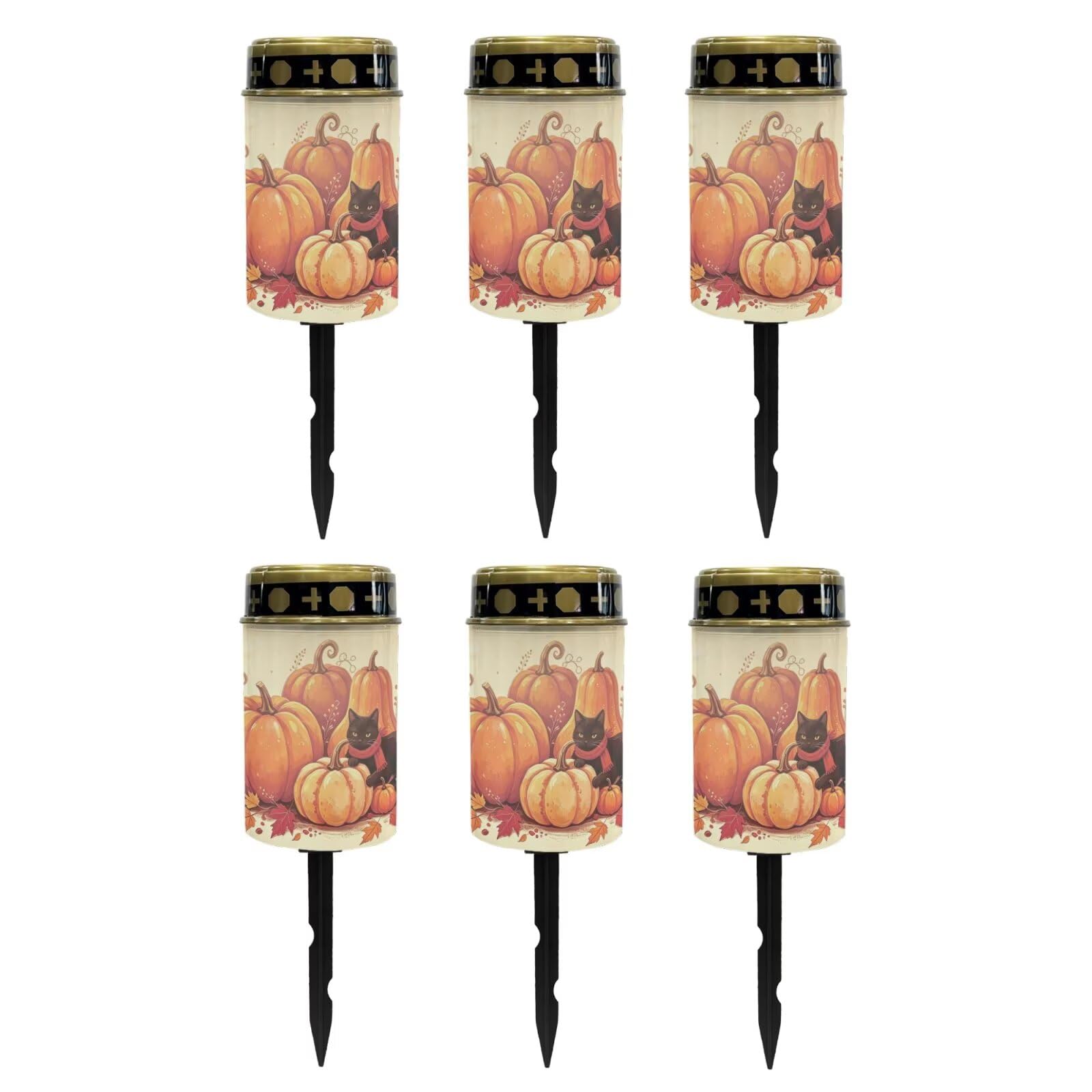 Poceacles Solar Candle Cemetery Solar Lights for Grave LED Garden Flameless Powered Pathway Lights for Halloween Party Decorations, Black Cat Pumpkin Autumn Leaf Print Beige, Pack of 6