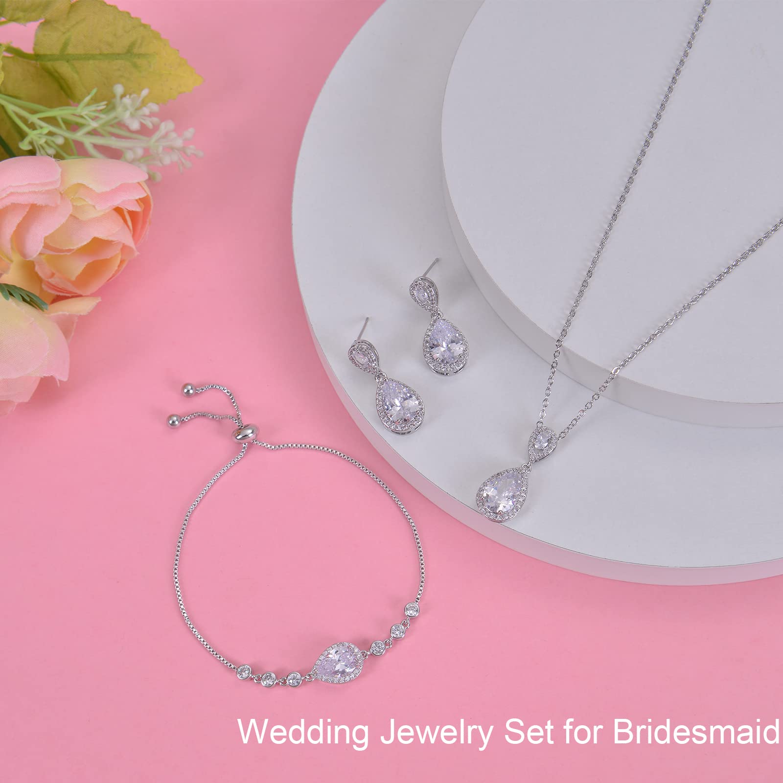 DHQH Set di 4 gioielli da sposa per damigella d'onore con zirconia cubica collana a goccia orecchini braccialetto anello set di gioielli per damigella d'onore per donne gioielli regalo per feste