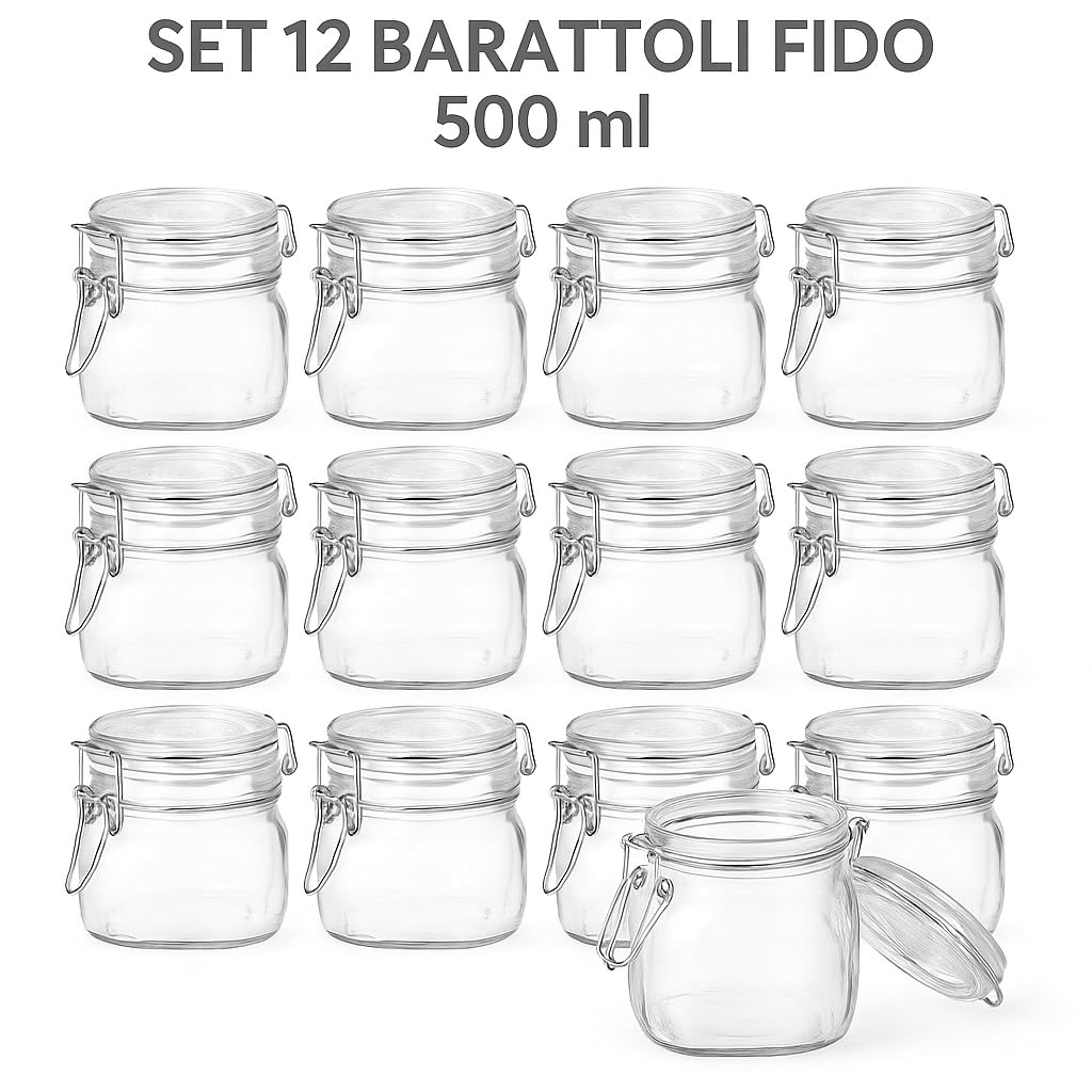 Set 12 Barattoli Fido 500 ml – Vasi in Vetro Ermetici con Chiusura a Clip – Ideali per Marmellate, Spezie, Conserve, Dolci, Cucina e Dispensa – Vetro Trasparente Resistente