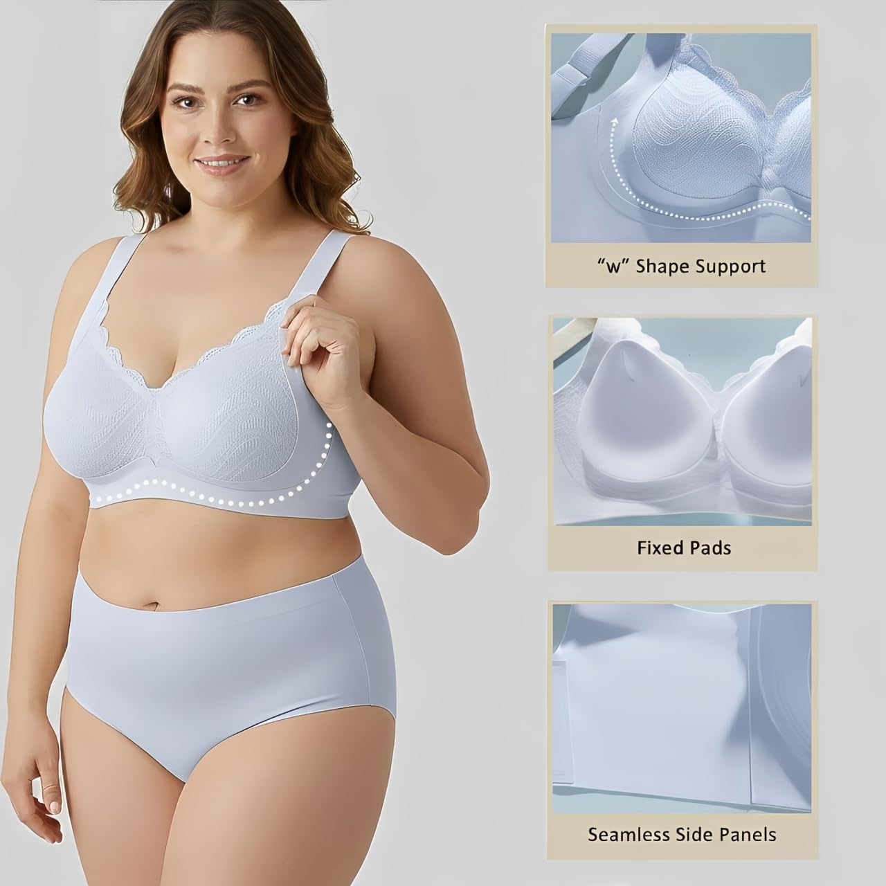 Reggiseno da donna liscio senza ferretto per donne Supporto completo senza ferretto imbottito scollo a V t-shirt confortevole reggiseno regolabile, Grigio, M plus