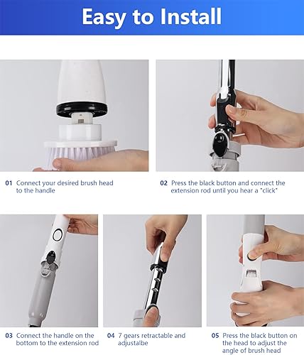 Miniatura 6 de Limpiador eléctrico giratorio con mango largo, limpiador giratorio de baño para limpiar bañera, azulejos, pisos, cepillo de limpieza eléctrico con